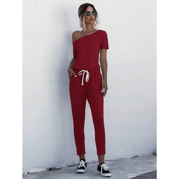 minimalist Asymmetrical Neck Drawstring Waist Slant Pocket Tee Jumpsuit - Picture 8 of 11